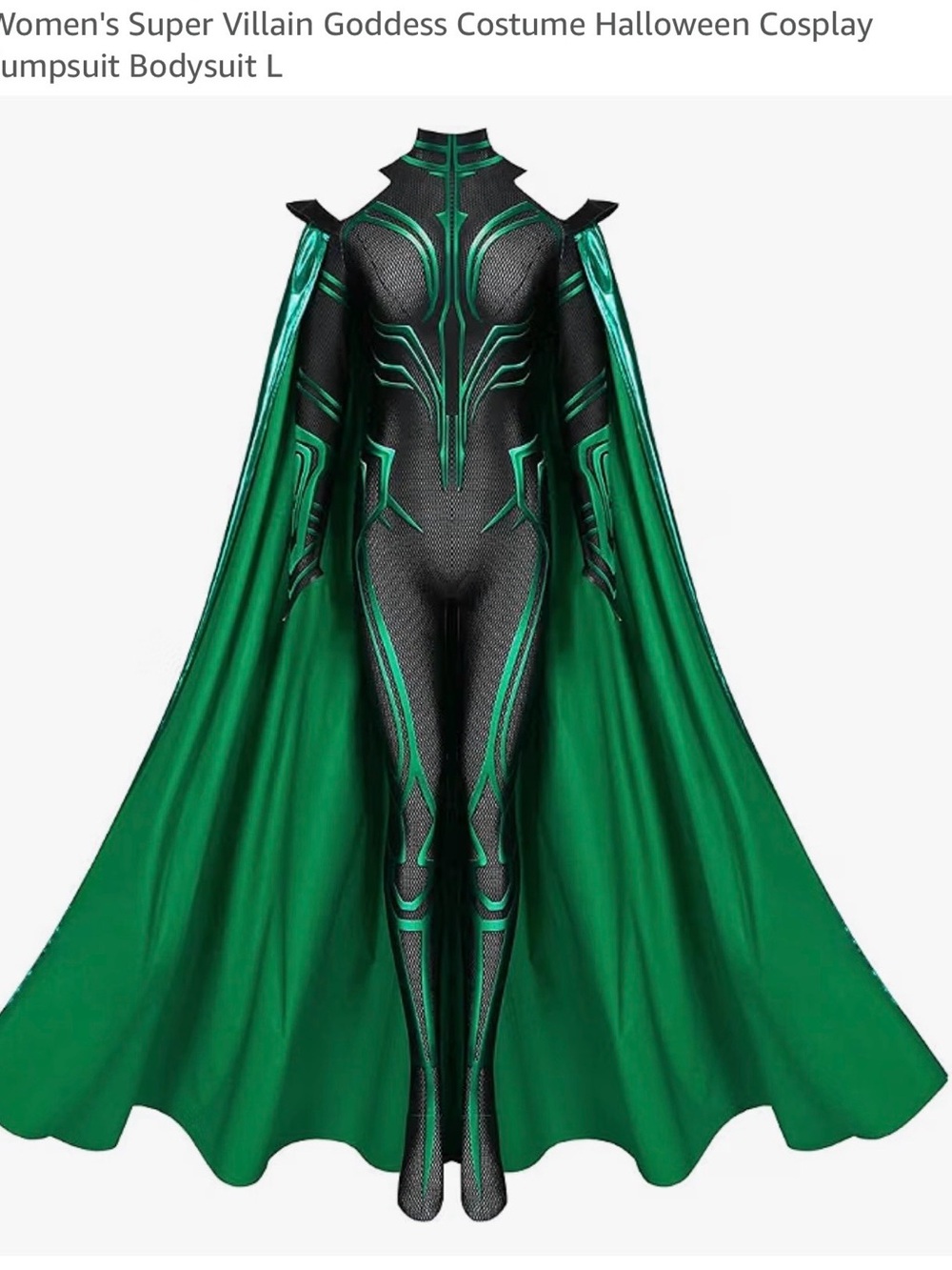 Hela Costume - Women's Black and Green Villain Jumpsuit with Cape & Headpiece